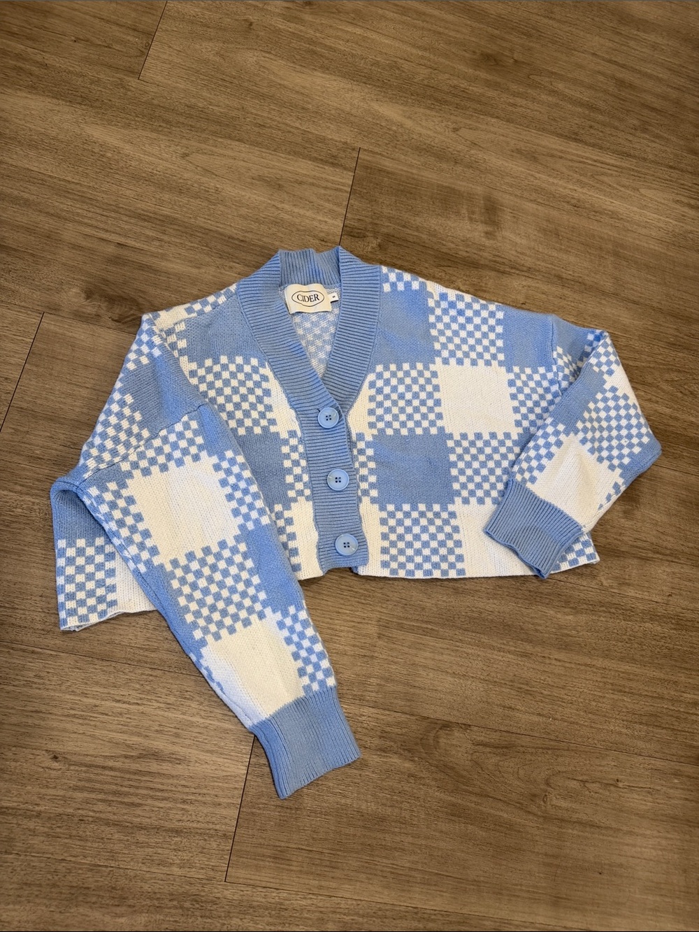 Cider Light Blue & White Checker Cropped Cardigan